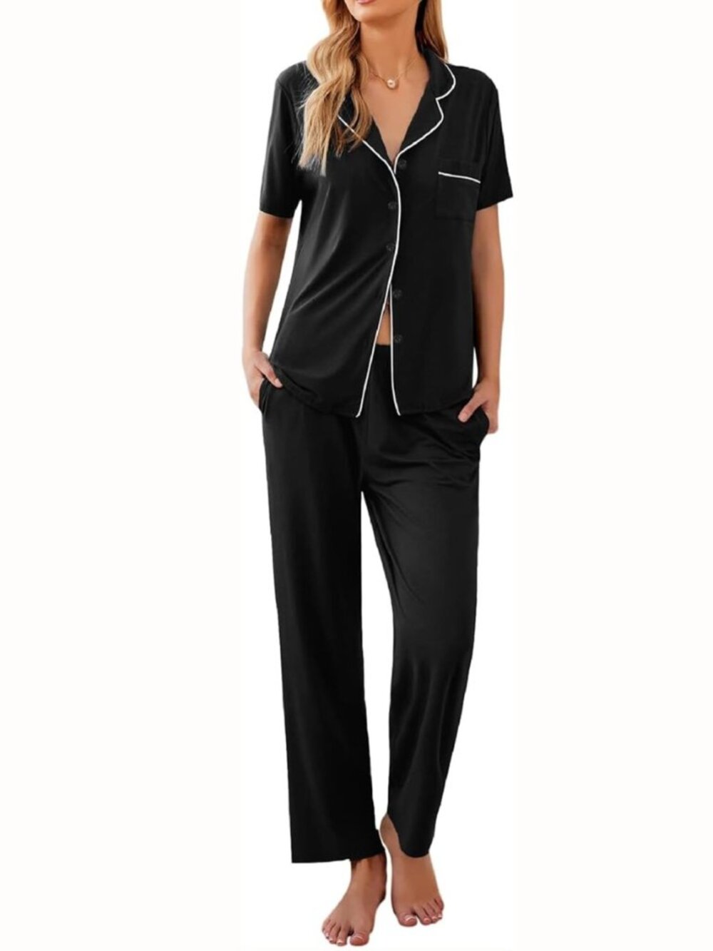 Womens Pajamas Set Short Sleeve Button Down Top & Pants Lounge Pjs